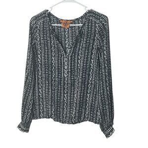 Tory Burch Women's Blouse 100% Silk Long Sleeve Black White Print Top Size 2